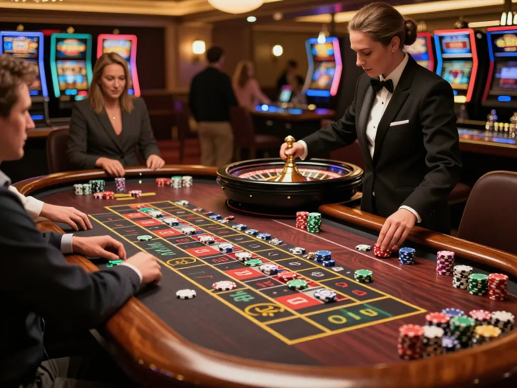 SC88 roulette table capturing players betting, croupier spinning wheel, vibrant casino scene
