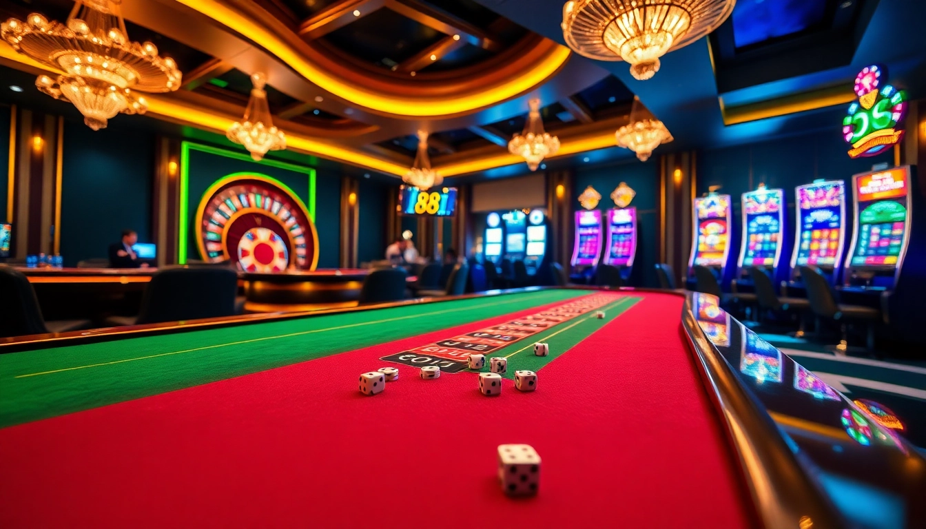 Exciting gaming action at 88I casino with vibrant tables, chips, and roulette.