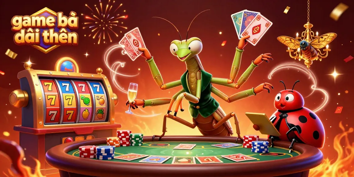 Engage in game bài đổi thưởng with a vibrant casino scene featuring unique characters, slot reels, and festive elements.