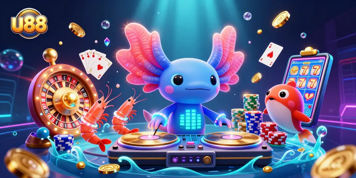 Join the fun with u88 as the neon axolotl DJ spins records amidst cascading coins and vibrant casino elements.