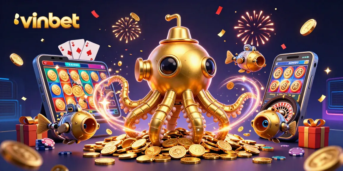 Engage with vinbet in this vibrant casino scene featuring a kraken submarine amidst gold coins.
