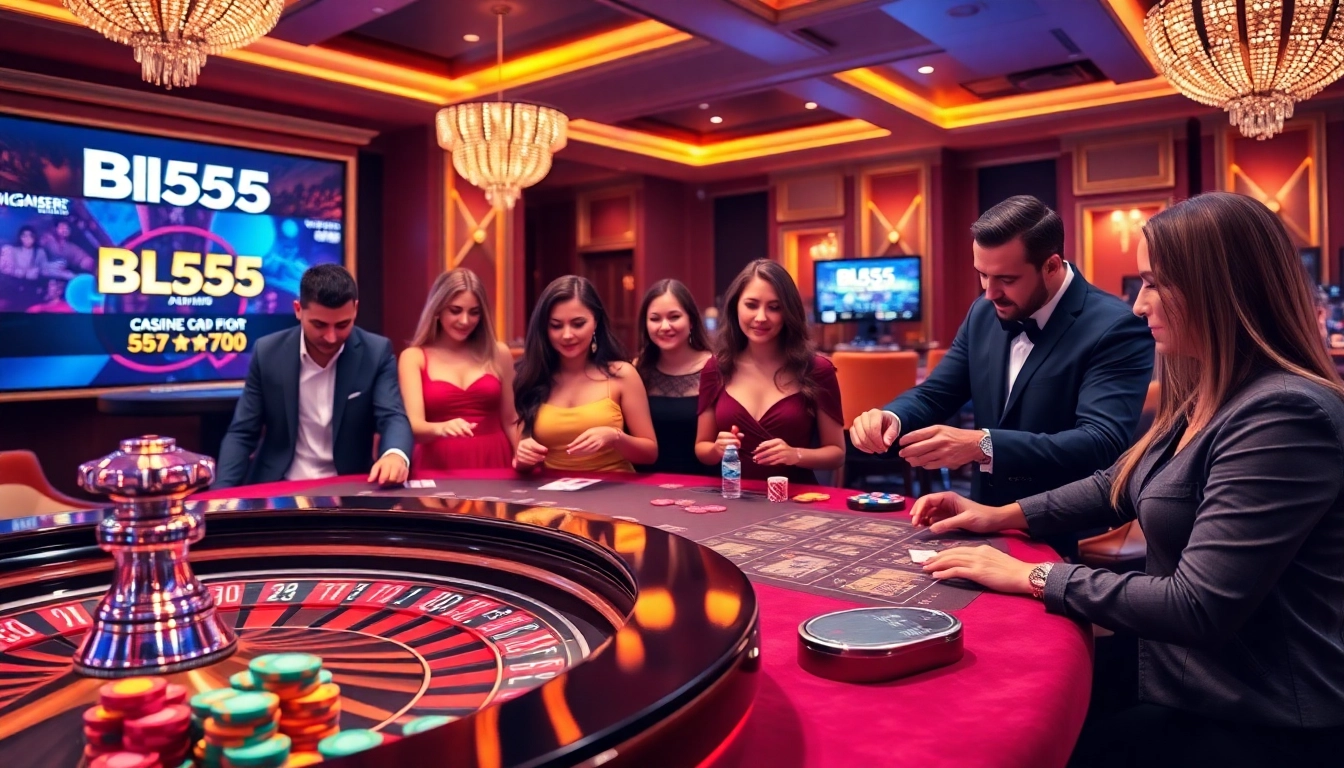 Bl555 players enjoying a dynamic game at a luxurious casino table with vibrant poker chips and roulette.