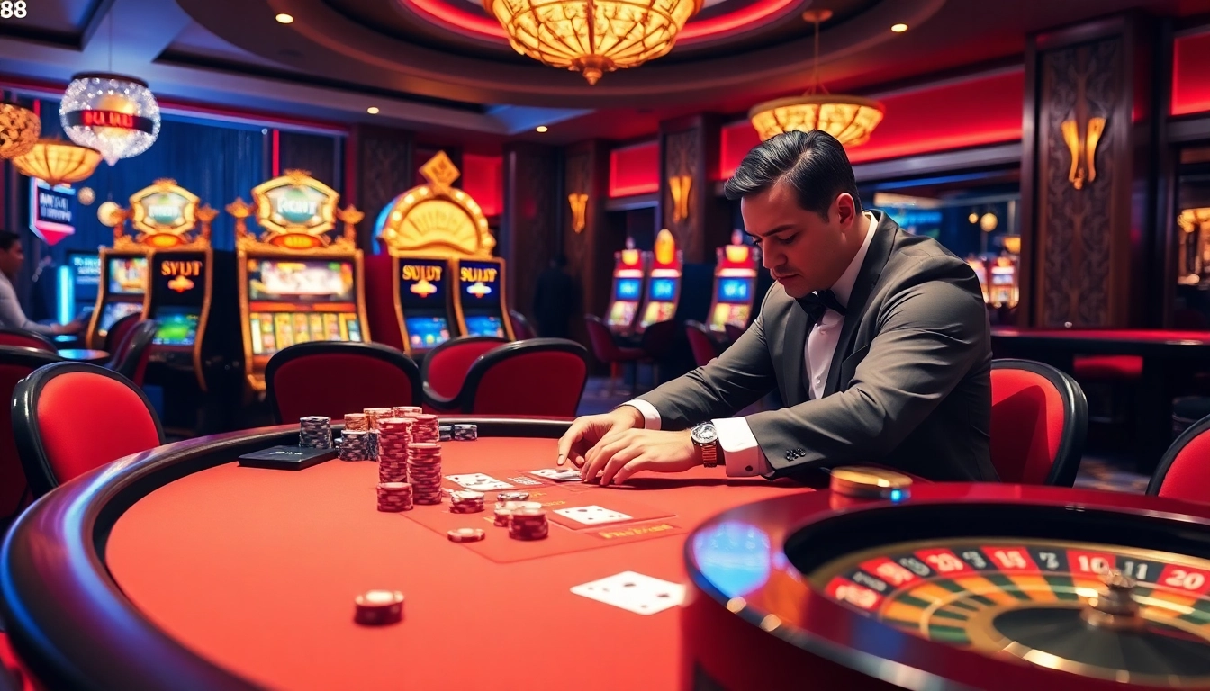 Exciting casino scene with a dealer at a table highlighting Nhà cái Hello88, showcasing vibrant slots and poker elements.
