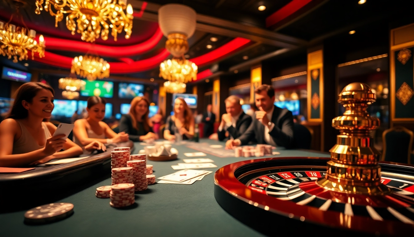 Players enjoying high-stakes action at a kkwin casino table with vibrant chips and cards.