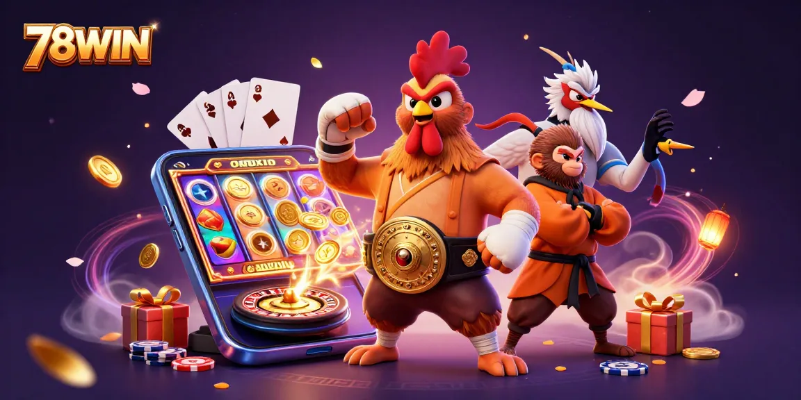 Experience dynamic gaming action with 78WIN's vibrant characters amidst exciting slot and casino elements.