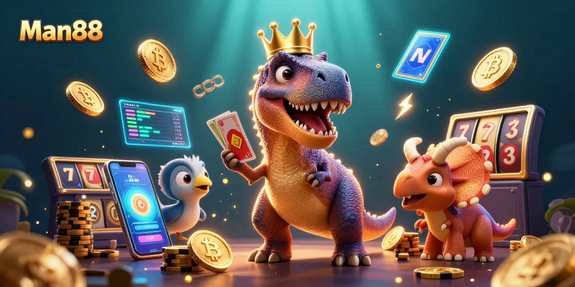 Experience thrilling gameplay at Man88 with a T-Rex shuffling cards and a baby triceratops stacking chips in a vibrant casino scene
