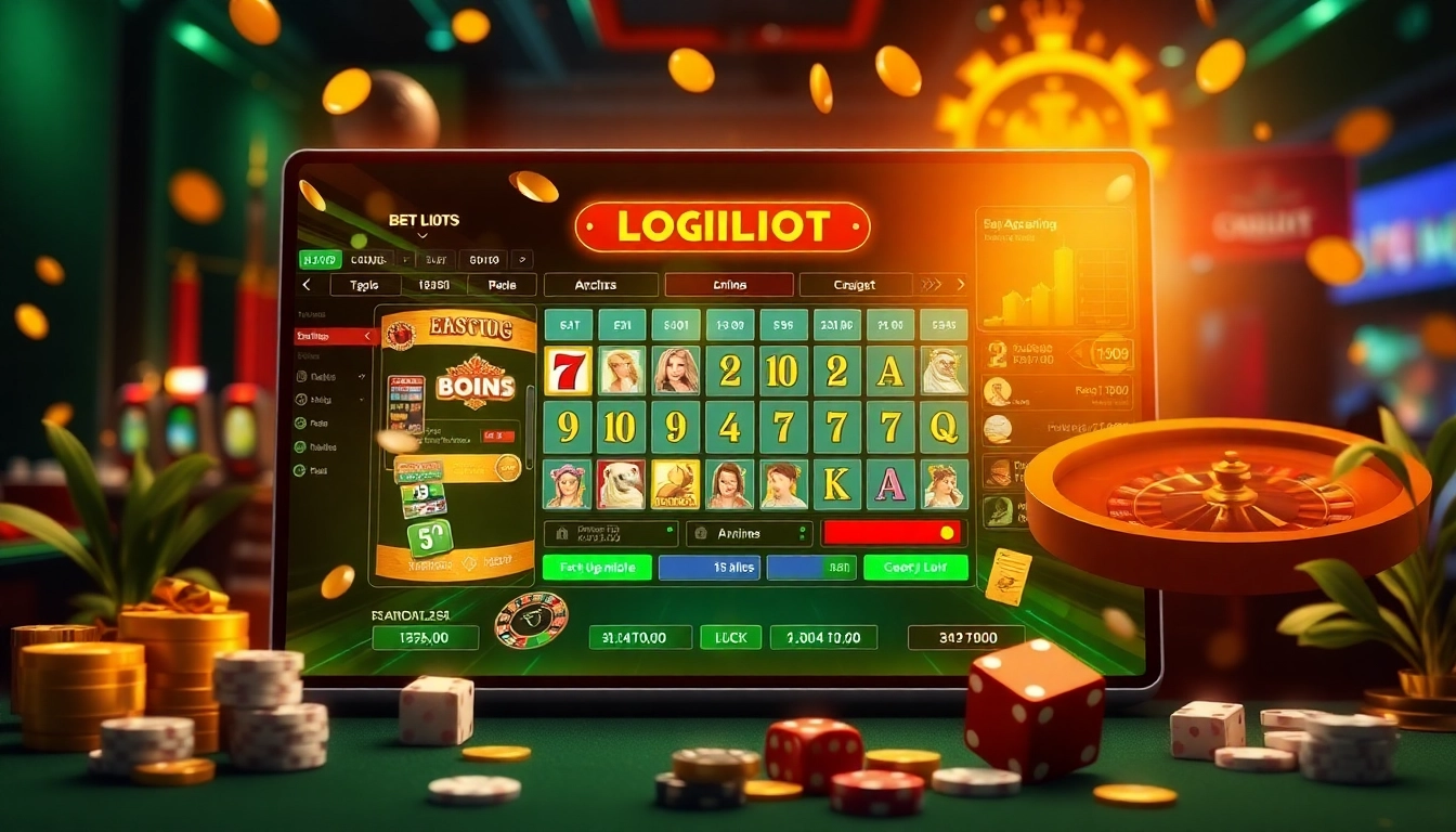 Experience the thrill of iboslot login with this vibrant online gambling interface showcasing slot machines and poker tables.