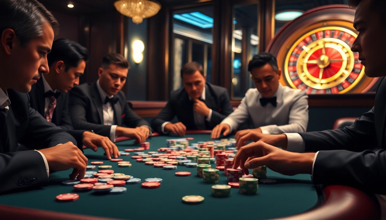 Engaged players strategizing their moves at the GAME BÀI 123GA gaming table in an elegant casino.