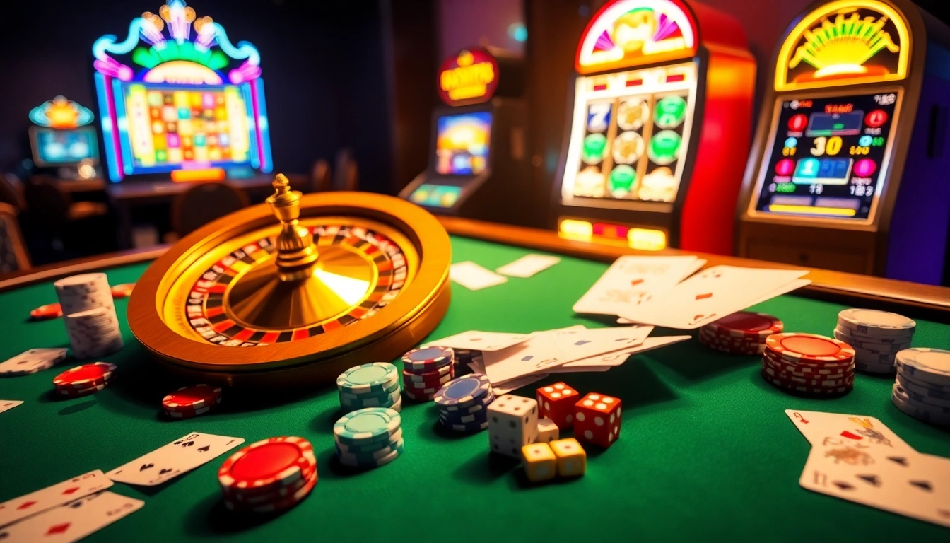 Experience excitement at QQ88 with vibrant casino elements like roulette wheels and slot machines.