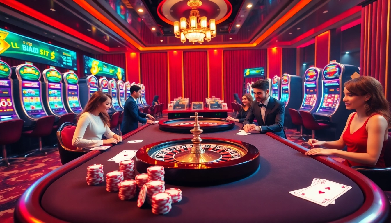 Exciting scene at nhà cái kjc casino with players enjoying poker and roulette games.