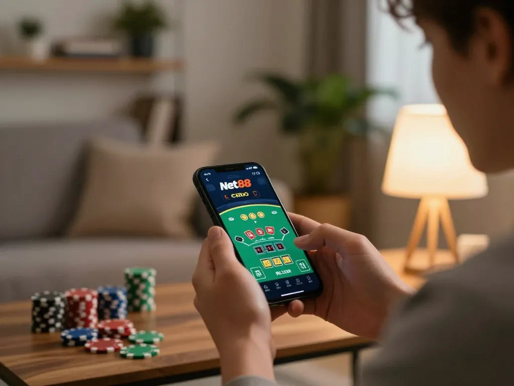 Player using the Net88 casino app for an engaging live blackjack game at home.