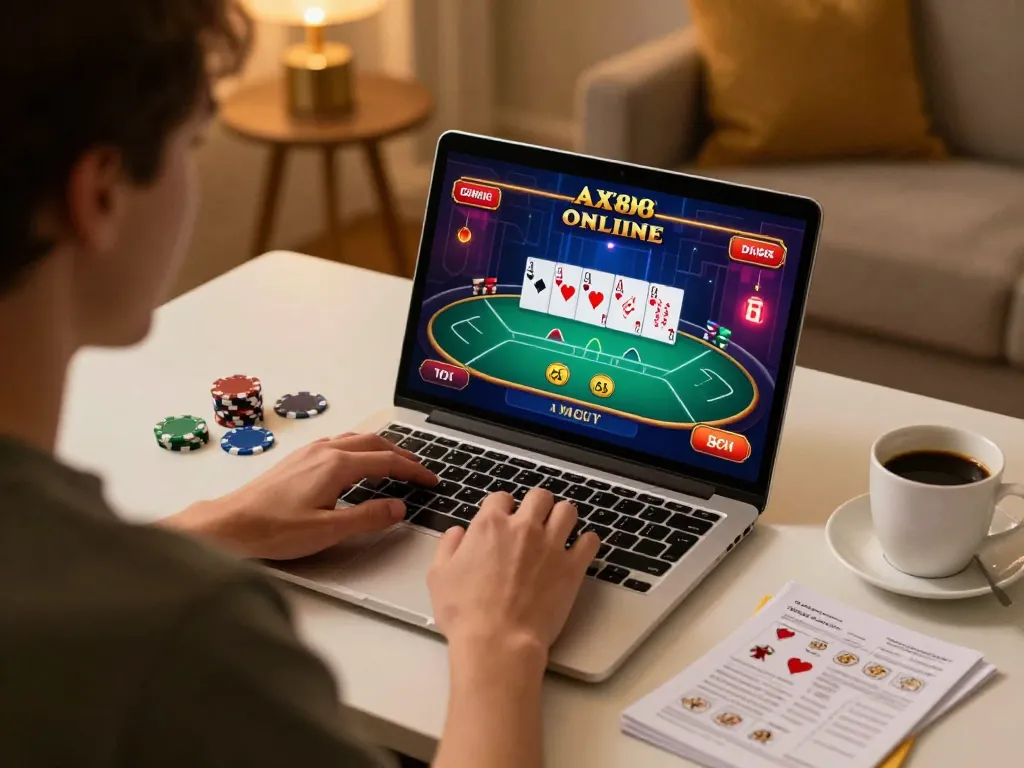 AX88 co gaming session on laptop showcasing online poker in a cozy atmosphere
