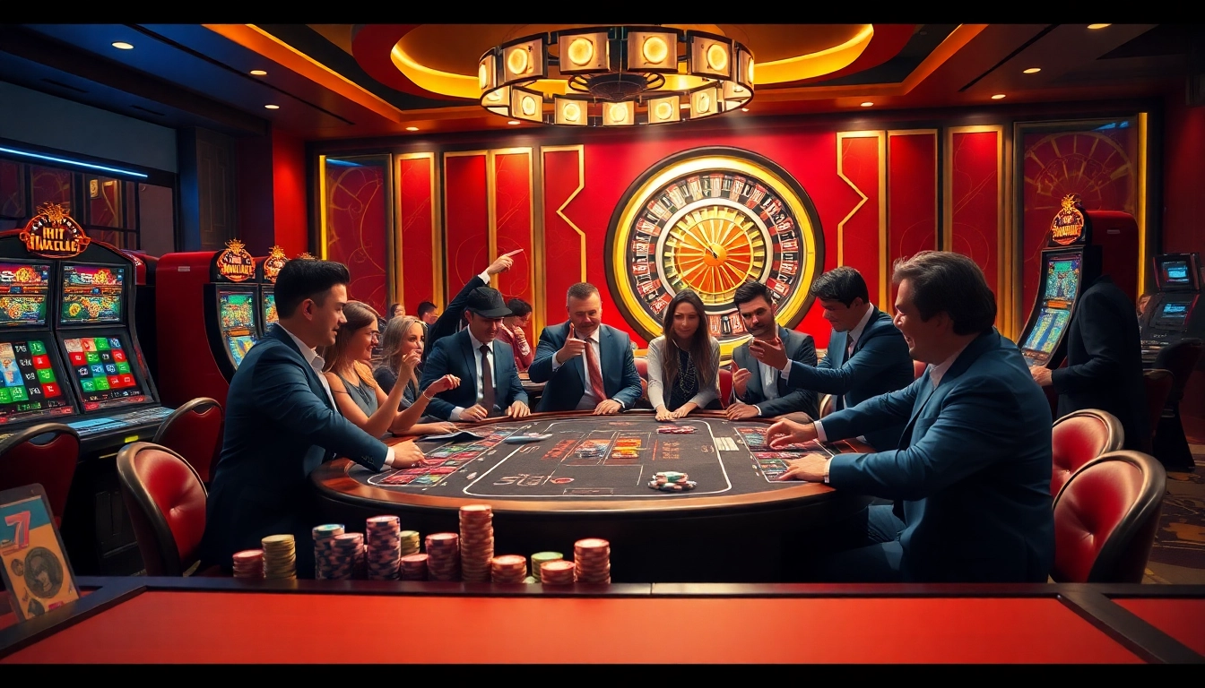 Hitclub players celebrating wins at a luxurious casino table with vibrant colors and excitement.