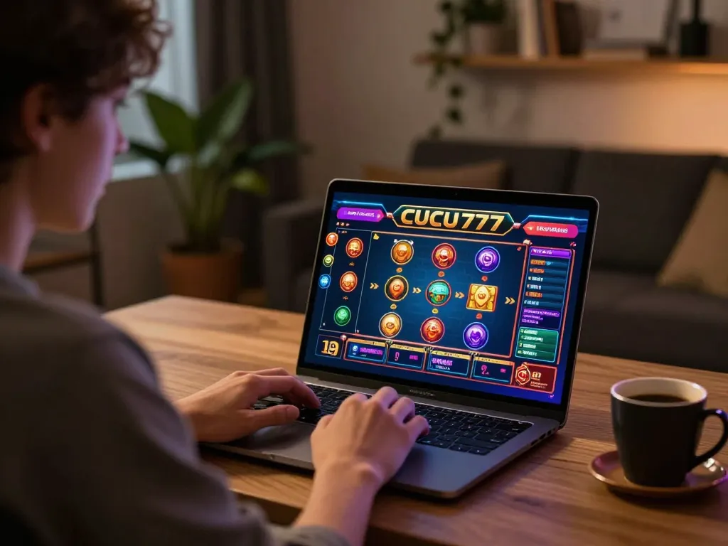 Cucu777 gaming app in use on a laptop creates an inviting online casino atmosphere.