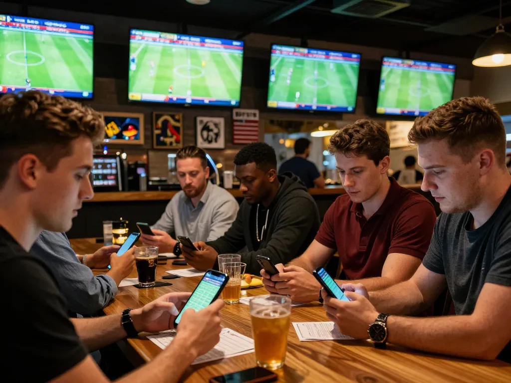 Engaged sports bettors reviewing ty-le-keo odds on mobile devices in a lively bar setting