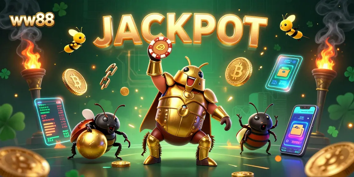 Engage in the thrill of ww88 with a triumphant hercules beetle lifting a poker chip amidst casino elements.