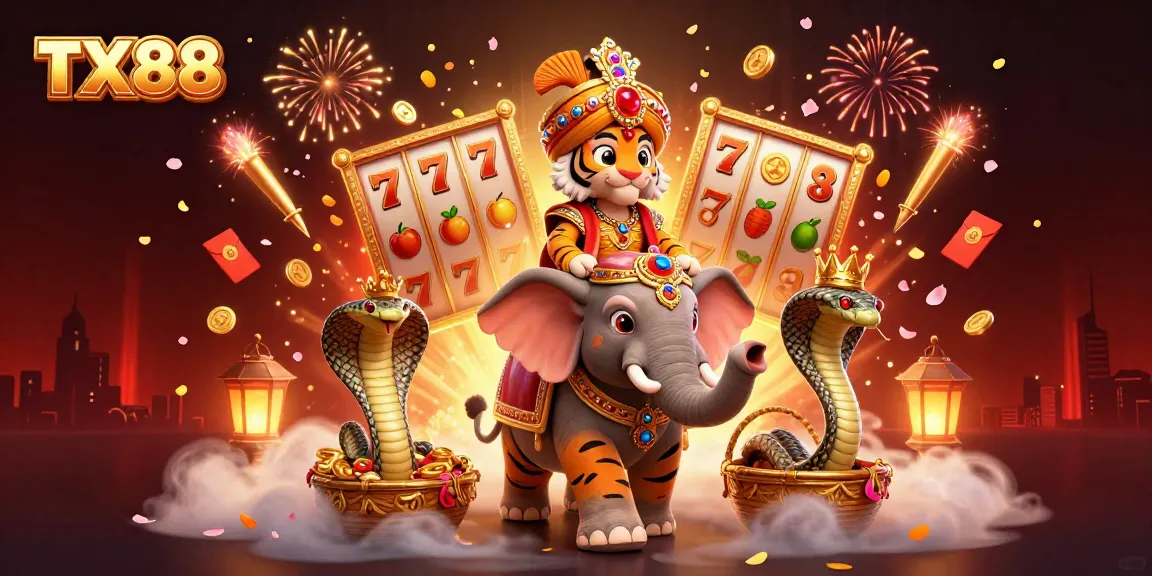 Engage in excitement at TX88 with a tiger and elephant among fabulous casino symbols.