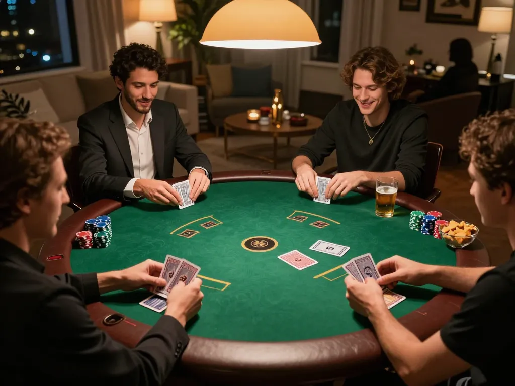 Players enjoying a lively poker game at home, highlighting the excitement of FC88 strategy in action.