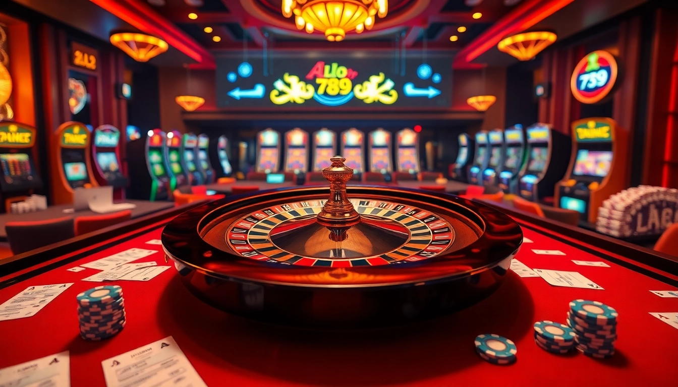 A thrilling gambling scene with Alo 789 betting chips and a vibrant roulette wheel on a luxury casino table.