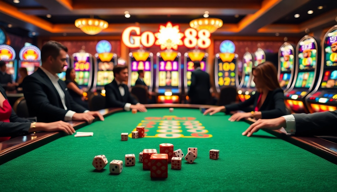 Go88 brings excitement to life with a thrilling casino atmosphere featuring poker chips and vibrant slot machines.