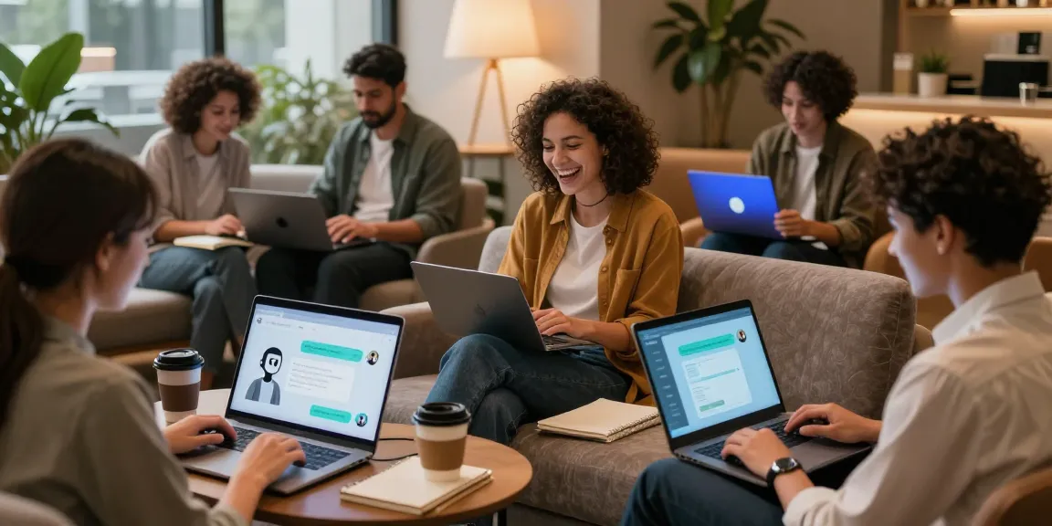 Diverse individuals engaging with sex chat ai on sleek devices in a cozy lounge.