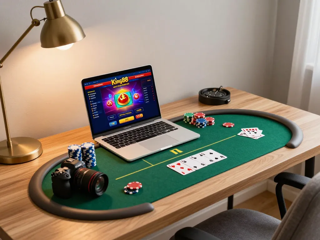 Enjoying strategic gameplay on King88's online casino platform with a vibrant laptop display.