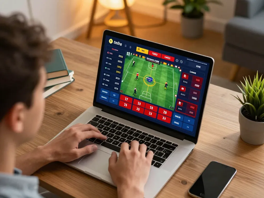 N188 user placing bets on a live sports betting platform from a cozy home office.