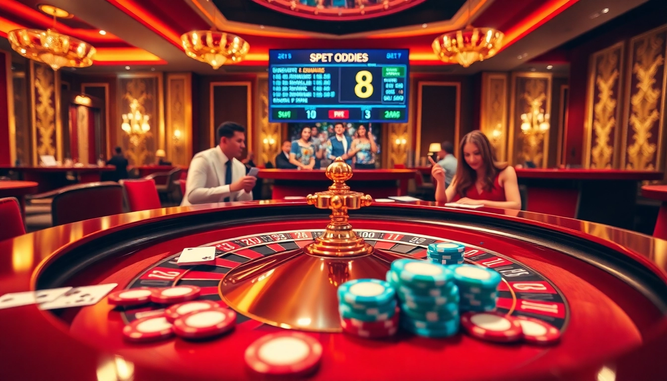 Experience the thrill of sp8 bet at an elegant casino with vibrant roulette and card games.