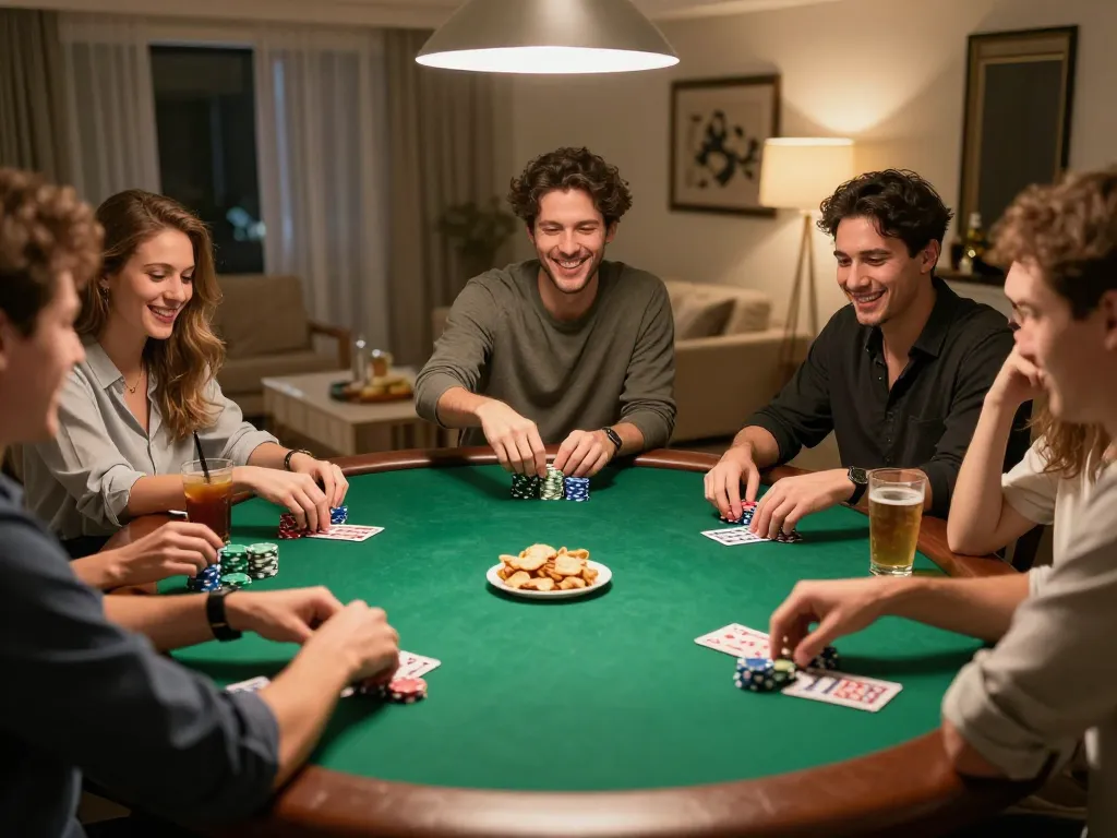 Bsport players engaged in a friendly poker game at home, showcasing vibrant chips and cards.