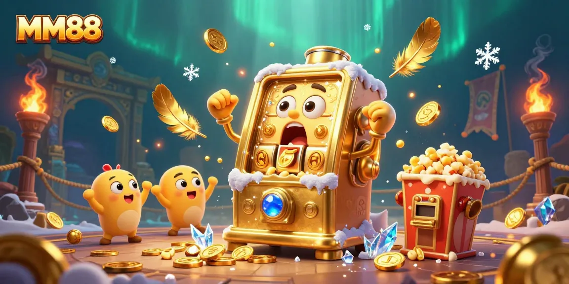 Watch MM88's golden slot machine celebrate a jackpot amidst swirling coins and vibrant game elements.