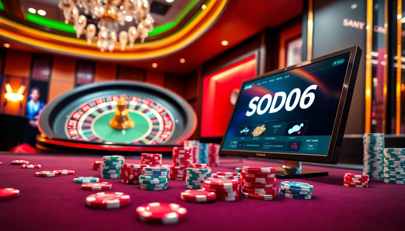 SODO66 casino scene with poker chips, roulette wheel, and online gaming interface highlighting excitement.