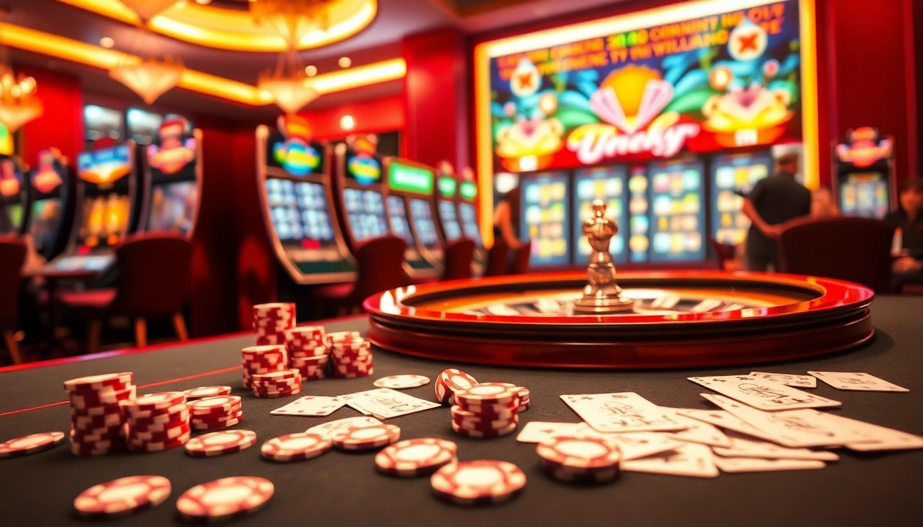 A vibrant casino scene at https://gg88.ltd/ featuring poker chips and roulette wheel, showcasing excitement in gambling.