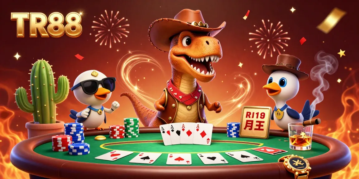 Engage in thrilling poker at TR88, with a dynamic T-Rex and friends surrounded by vibrant casino elements.