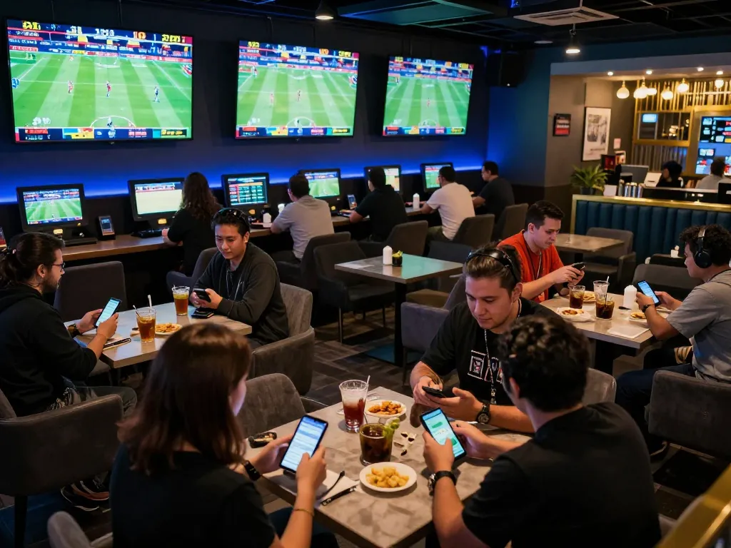 Engaged sports bettors analyzing live odds on keonhacaii88 within an exciting lounge setting.