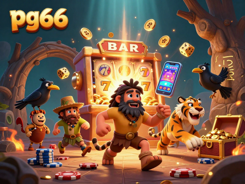 Experience endless thrills with pg66 at this vibrant prehistoric casino scene as characters celebrate big wins!