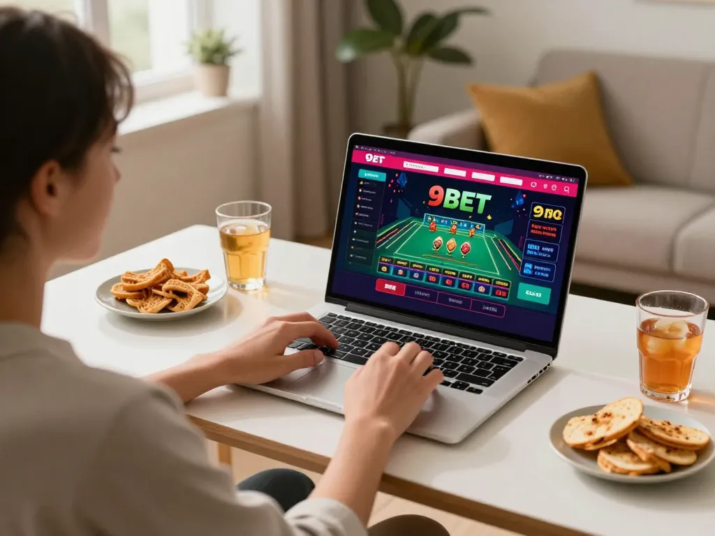 Engaging gameplay on 9BET platform using a laptop in a cozy home setting