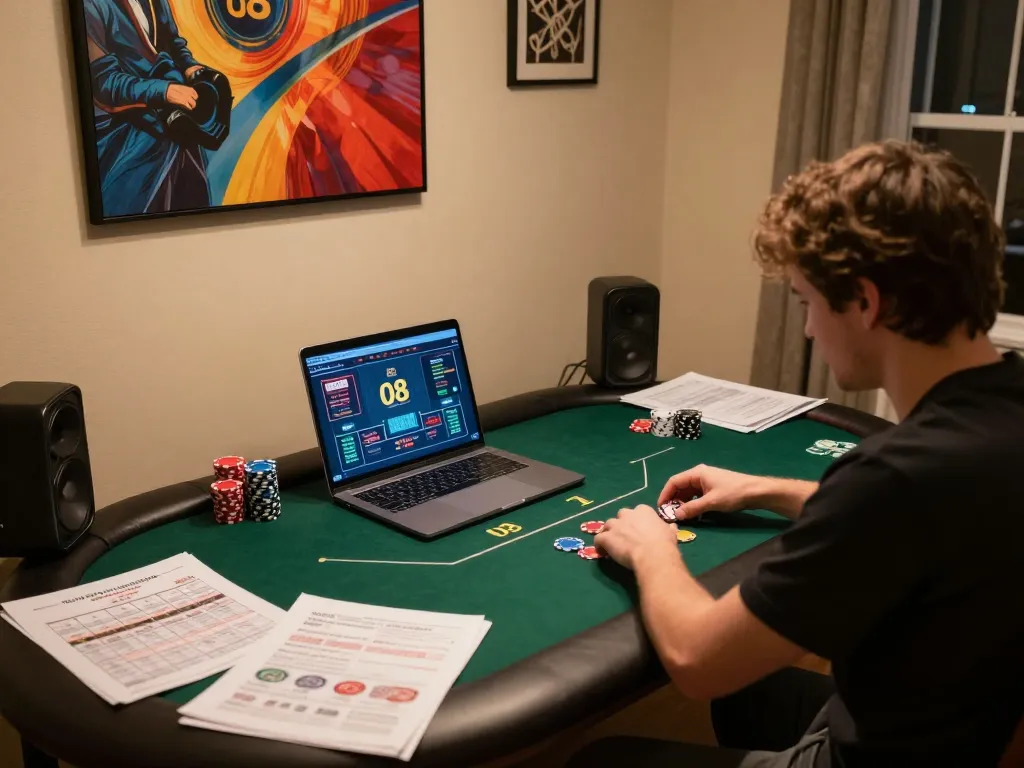 Playing poker online at o8 in a cozy home setup with strategy notes around