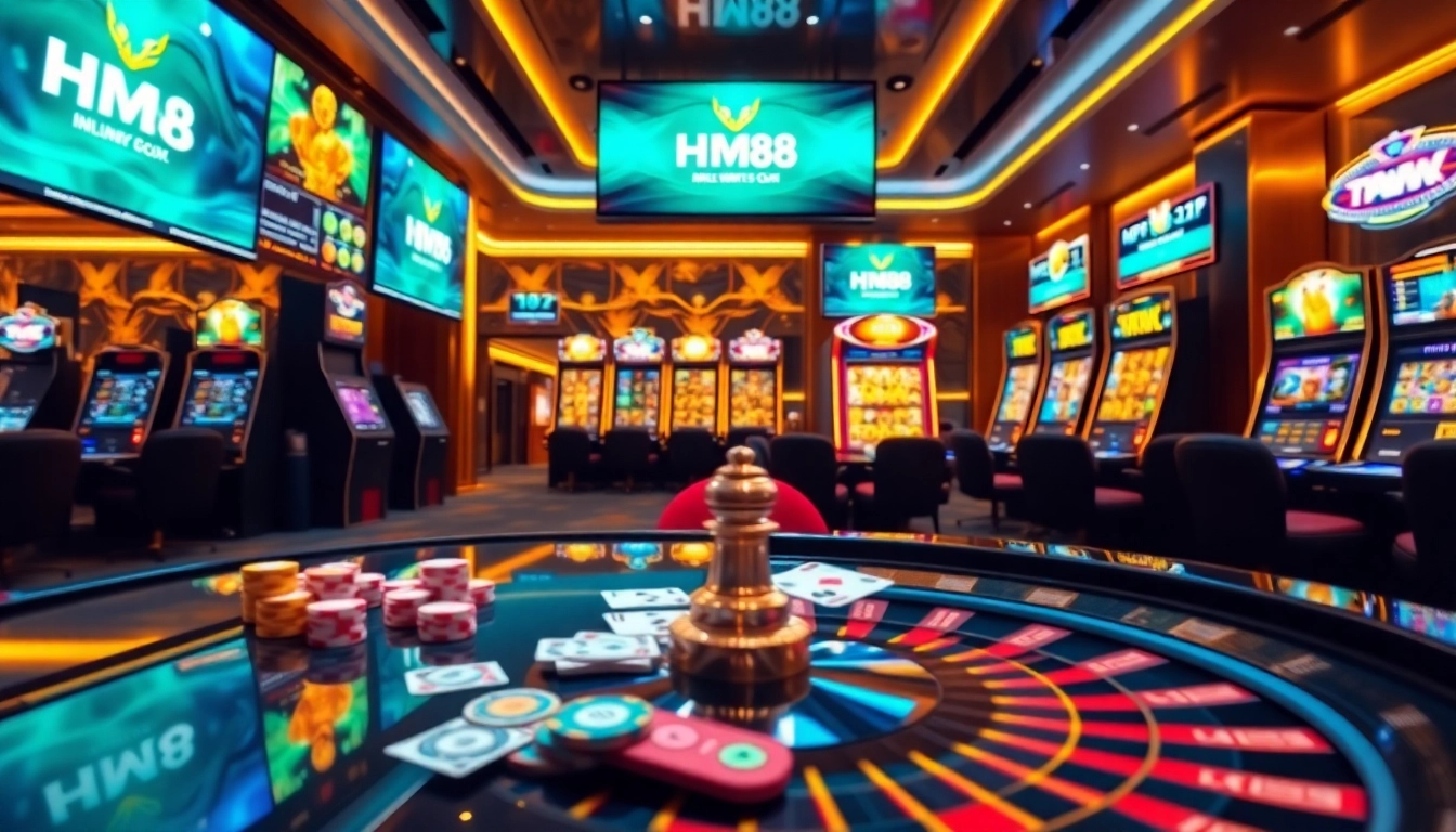 Engaging HM88 poker table with dynamic chips and live betting odds in luxury casino setting