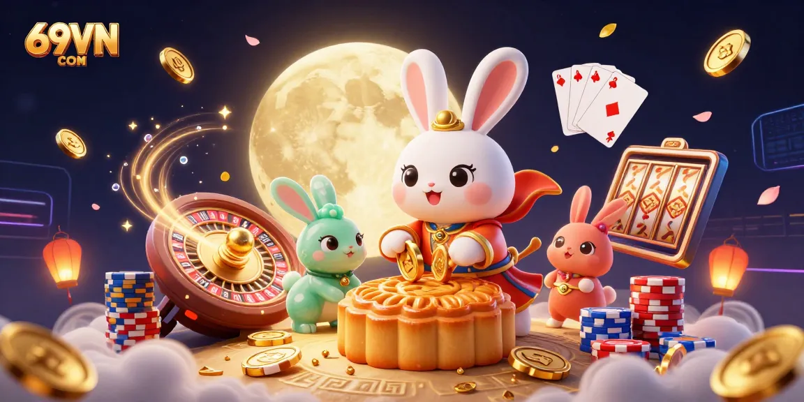 Play exciting games at 69VN COM amidst a captivating 3D casino scene with moon rabbits and poker chips.