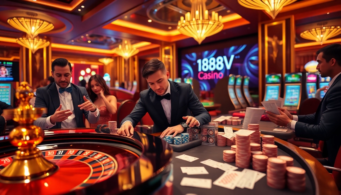 Engaged players at the online casino https://188v.today/ enjoying roulette and poker in a luxurious setting.