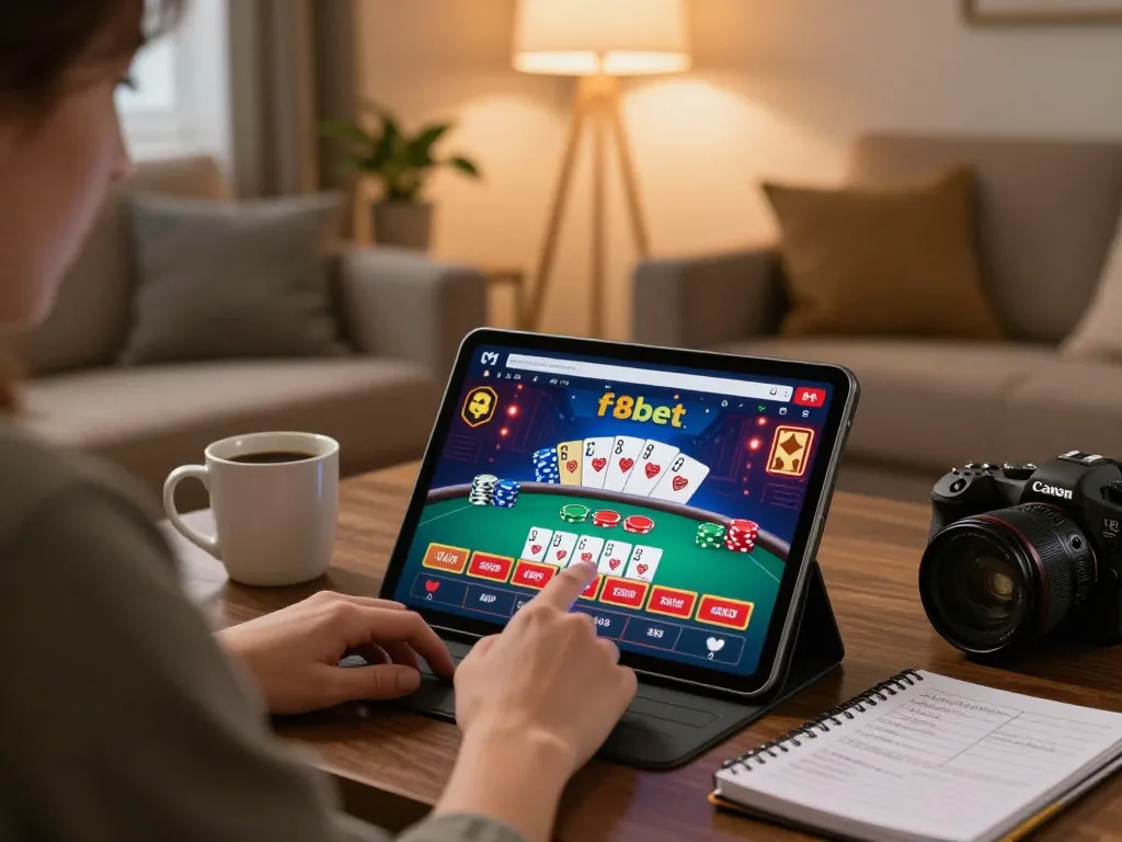 Engaging home gaming scene with person using f8bet to play poker on tablet while sipping coffee.