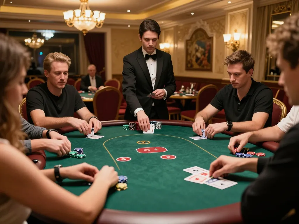 Players engage in strategic poker gameplay with chips and cards in a luxury casino setting, highlighting keonhacai bets.