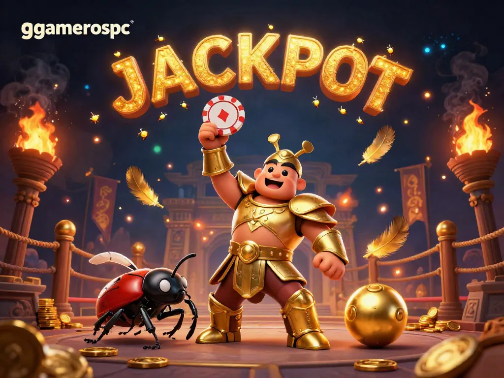 Engage with gamerospc's thrilling fun as the beetle duo celebrates a jackpot win surrounded by vibrant casino elements.
