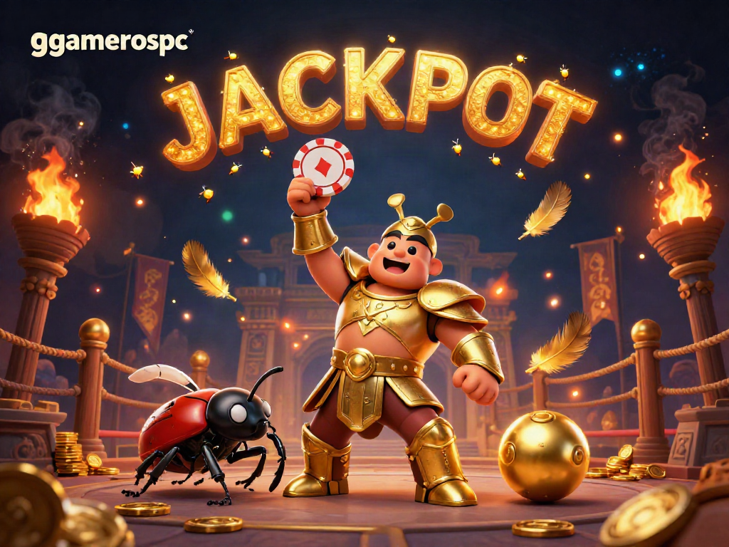 Engage with gamerospc's thrilling fun as the beetle duo celebrates a jackpot win surrounded by vibrant casino elements.
