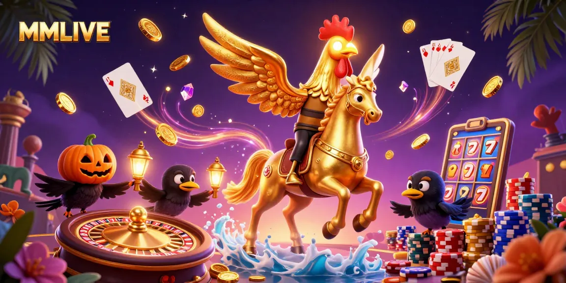 Engage with MMLIVE, a golden rooster livestreaming its gaming adventures amidst sparkling casino excitement.