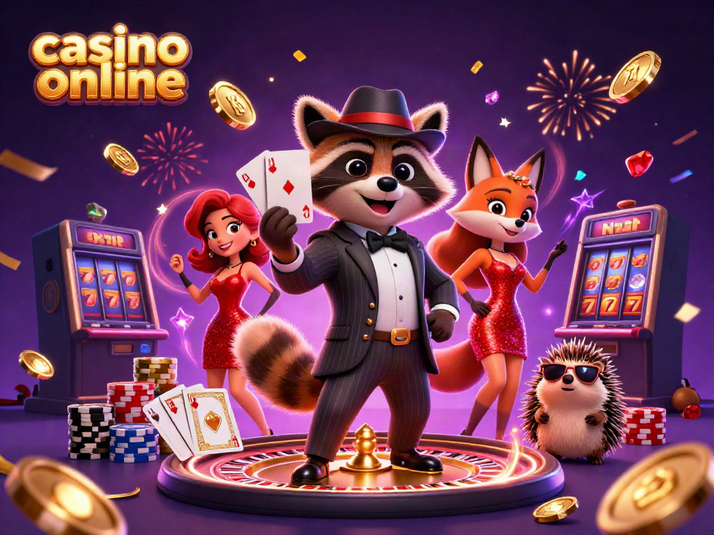 Experience the excitement of casino online with a suave raccoon holding a royal flush surrounded by lively casino elements.