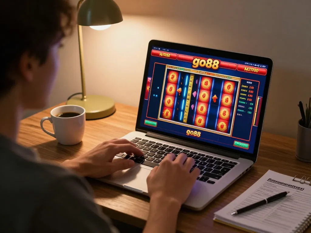 Engaging with go88 casino gameplay on a laptop while enjoying a cozy home atmosphere.