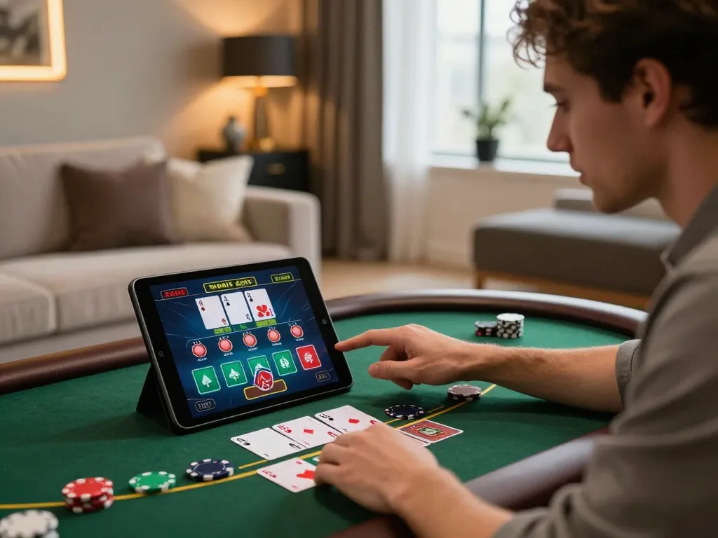 Player enjoying an online blackjack session at home with xo88a tablet and warm decor