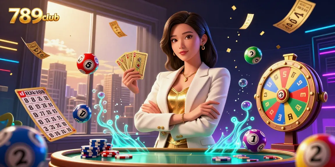 Engage with the vibrant 789club casino scene featuring a powerful businesswoman and dynamic lottery elements.