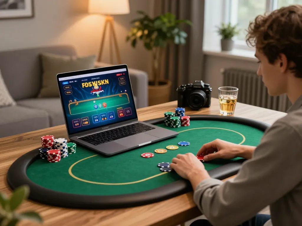 Engaging in an exciting poker game on 33win's online platform with vibrant chips around.